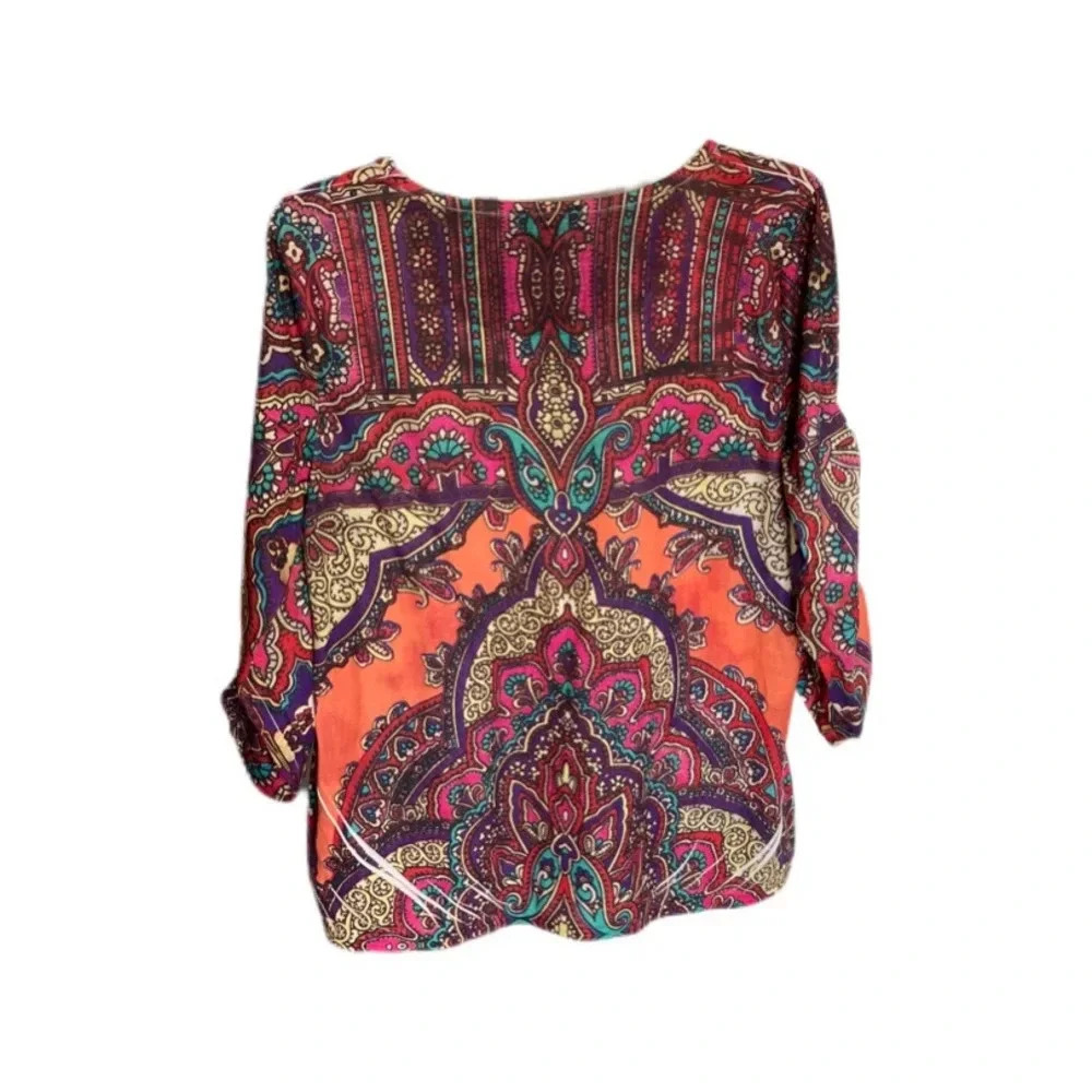 Chico’s Multicolor Jeweled Ruched Tie Sleeve Blouse Women’s Size 1 or Medium 8 - Picture 3 of 9